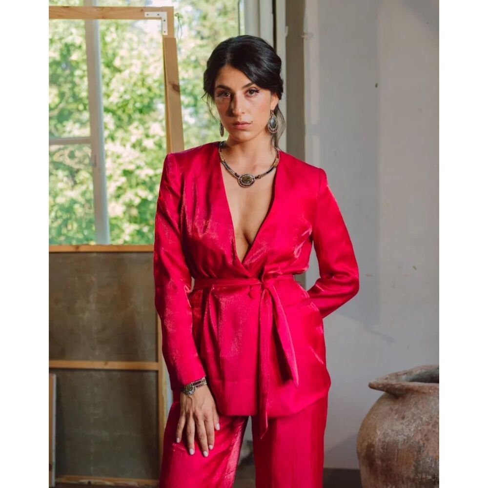 ZARA Shimmering Organza Metallic Hot Pink Crinkle Belted Blazer L NEW